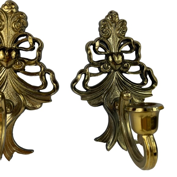 MCM Gold Filagree Wall-Mount Candle Holders Heart Decor Very Clean 8” Tall Homco - Picture 6 of 15